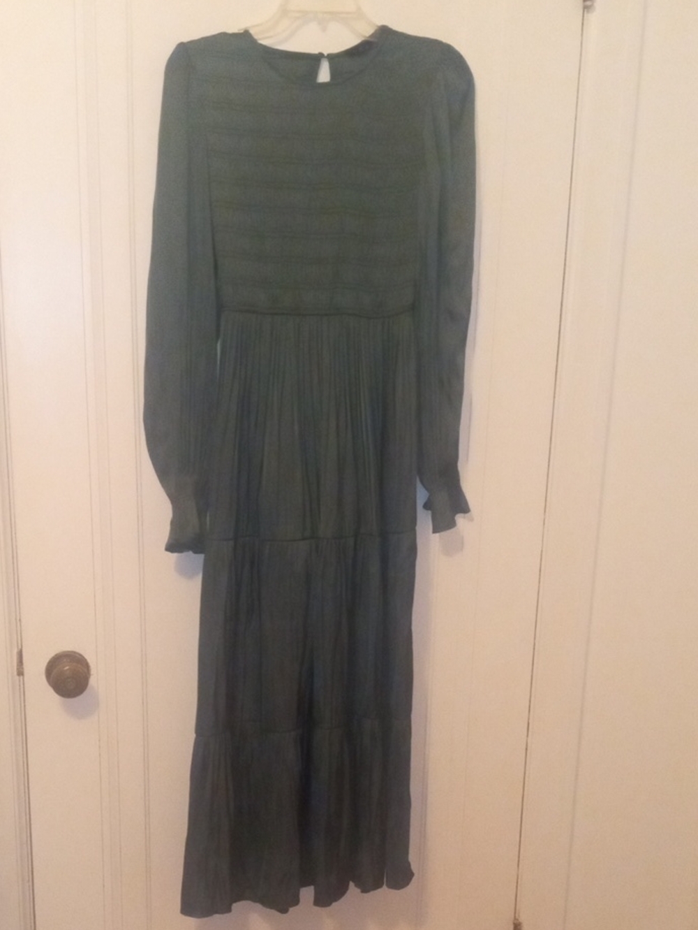 Long Sleeve Tiered Peasant Maxi Dress in Dark Green small, silky